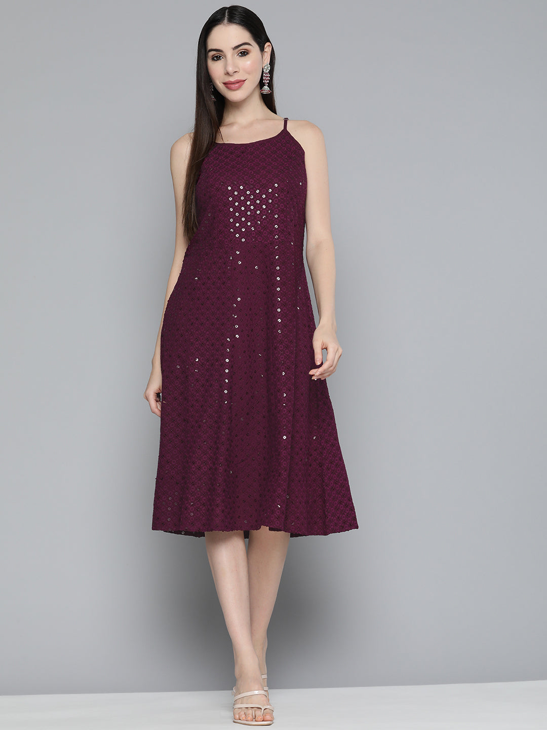 Jompers Purple Floral Sequin Embroidered A-Line Midi Dress