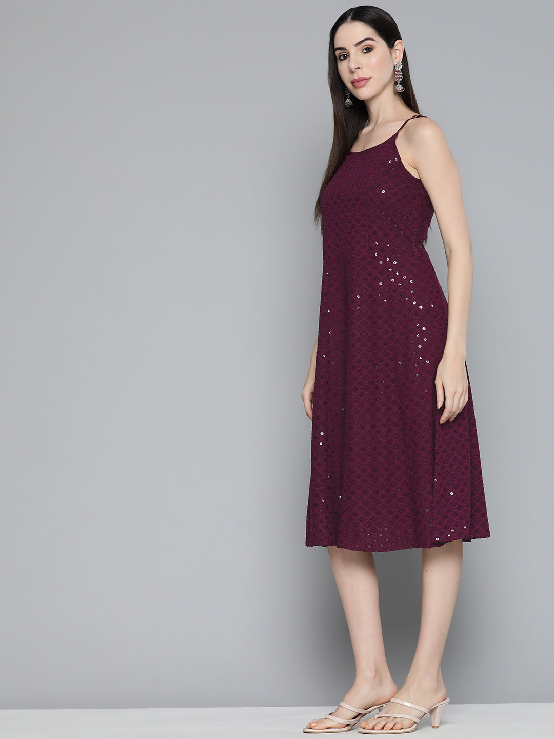 Jompers Purple Floral Sequin Embroidered A-Line Midi Dress