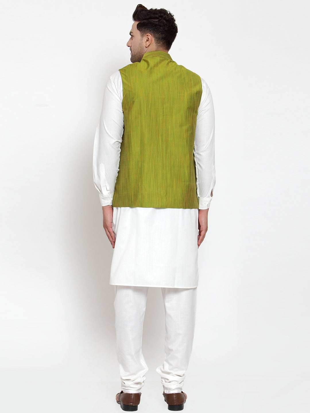 Jompers Men's White Solid Kurta with Pyjamas & Green Nehru Jacket