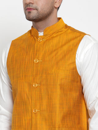 Jompers Men's White Solid Kurta with Pyjamas & Yellow Nehru Jacket
