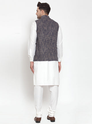 Jompers Men's White Solid Kurta with Pyjamas & Blue Nehru Jacket