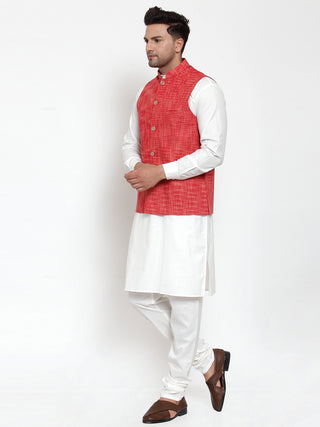 Jompers Men's White Solid Kurta with Pyjamas & Red Nehru Jacket