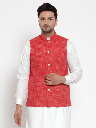 Jompers Men's Red Woven Design Nehru Jacket