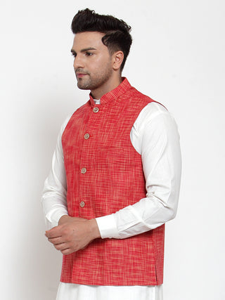 Jompers Men's Red Woven Design Nehru Jacket