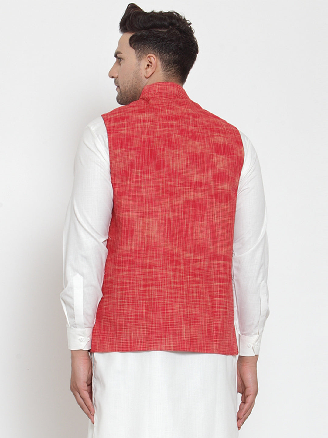 Jompers Men's Red Woven Design Nehru Jacket