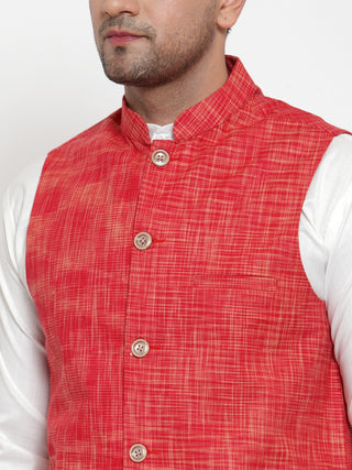 Jompers Men's Red Woven Design Nehru Jacket