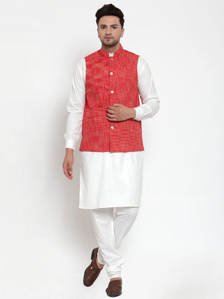 Jompers Men's Red Woven Design Nehru Jacket