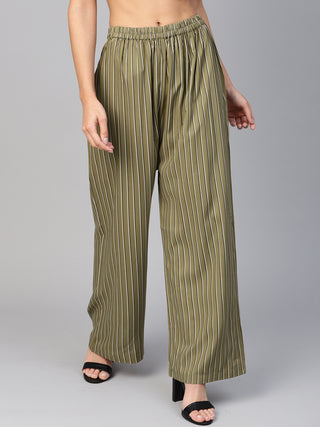 Jompers Women Olive Green & Black Striped Straight Palazzos