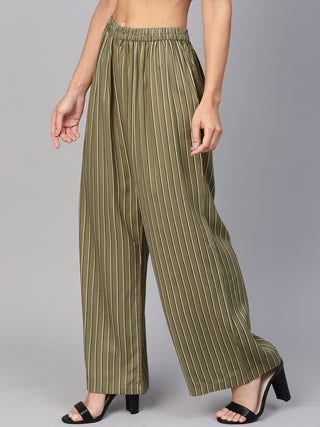 Jompers Women Olive Green & Black Striped Straight Palazzos