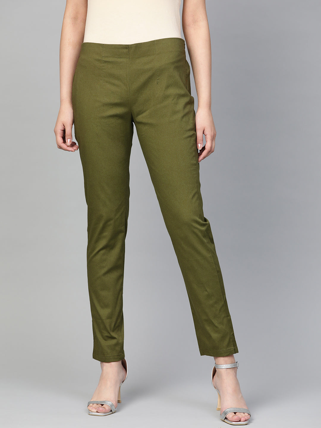 Jompers Women Olive Green Smart Slim Fit Solid Regular Trousers