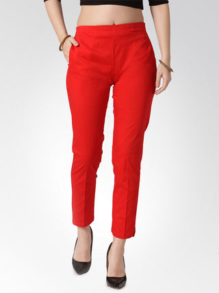 Jompers Women Red Smart Slim Fit Solid Regular Trousers