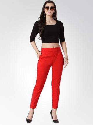 Jompers Women Red Smart Slim Fit Solid Regular Trousers