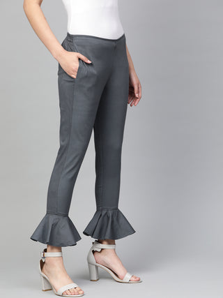 Jompers Women Grey Smart Fit Solid Bottom Flared Trousers