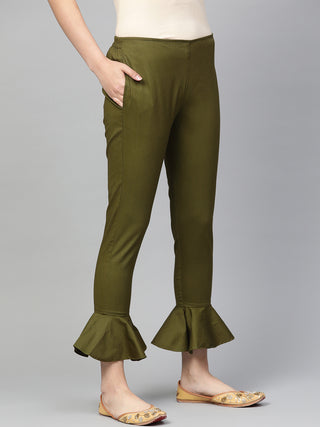 Jompers Women Olive Green Smart Fit Solid Bottom Flared Trousers