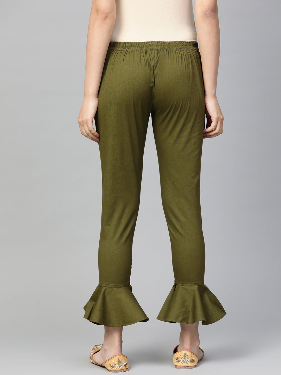 Jompers Women Olive Green Smart Fit Solid Bottom Flared Trousers