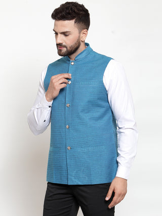 Jompers Men Turquoise Blue Woven Design Nehru Jacket