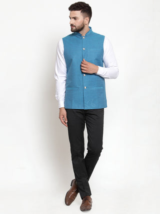 Jompers Men Turquoise Blue Woven Design Nehru Jacket