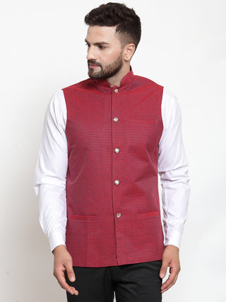 Jompers Men Maroon Woven Design Nehru Jacket