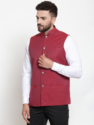 Jompers Men Maroon Woven Design Nehru Jacket