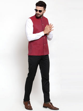 Jompers Men Maroon Woven Design Nehru Jacket