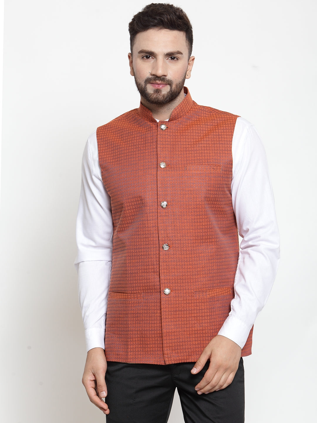 Jompers Men Orange Woven Design Nehru Jacket