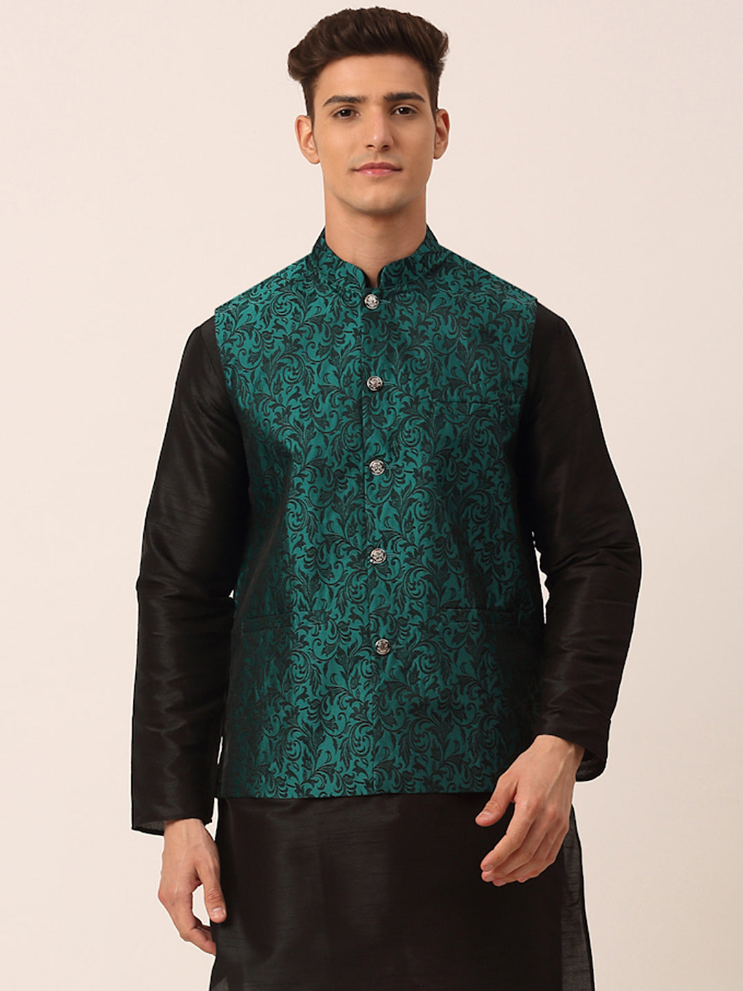 Solid Color Cotton Nehru Jacket in Green : MLC2032