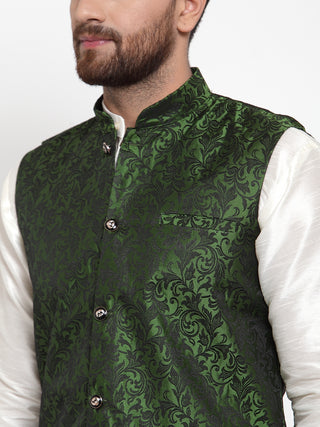 Jompers Men Green-Coloured & Black Woven Design Nehru Jacket