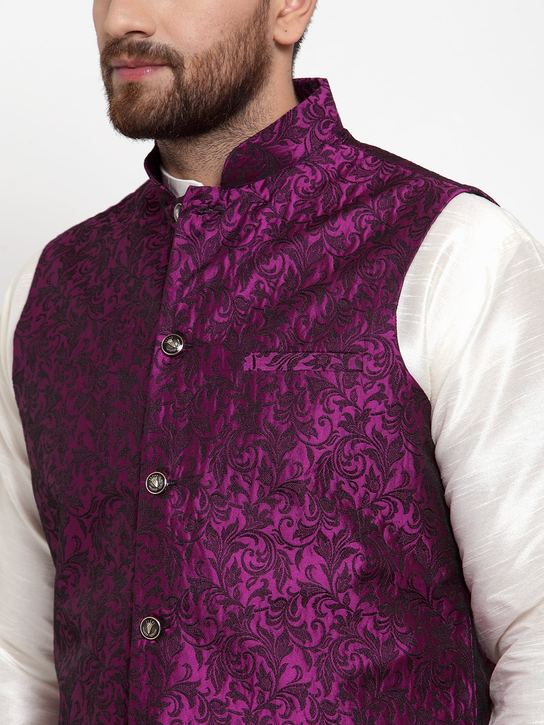 Jompers Men Purple-Coloured & Black Woven Design Nehru Jacket