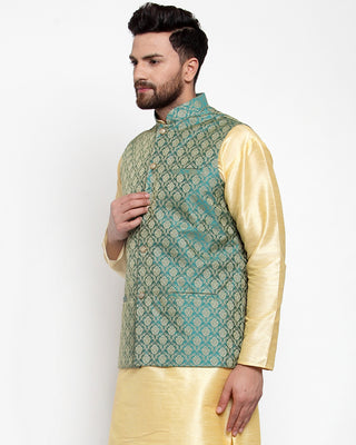 Jompers Men Green-Coloured & Golden Woven Design Nehru Jacket