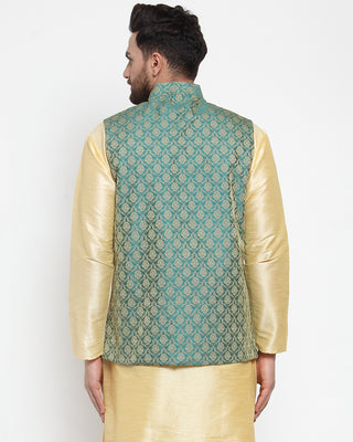 Jompers Men Green-Coloured & Golden Woven Design Nehru Jacket
