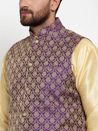Jompers Men Purple-Coloured & Golden Woven Design Nehru Jacket