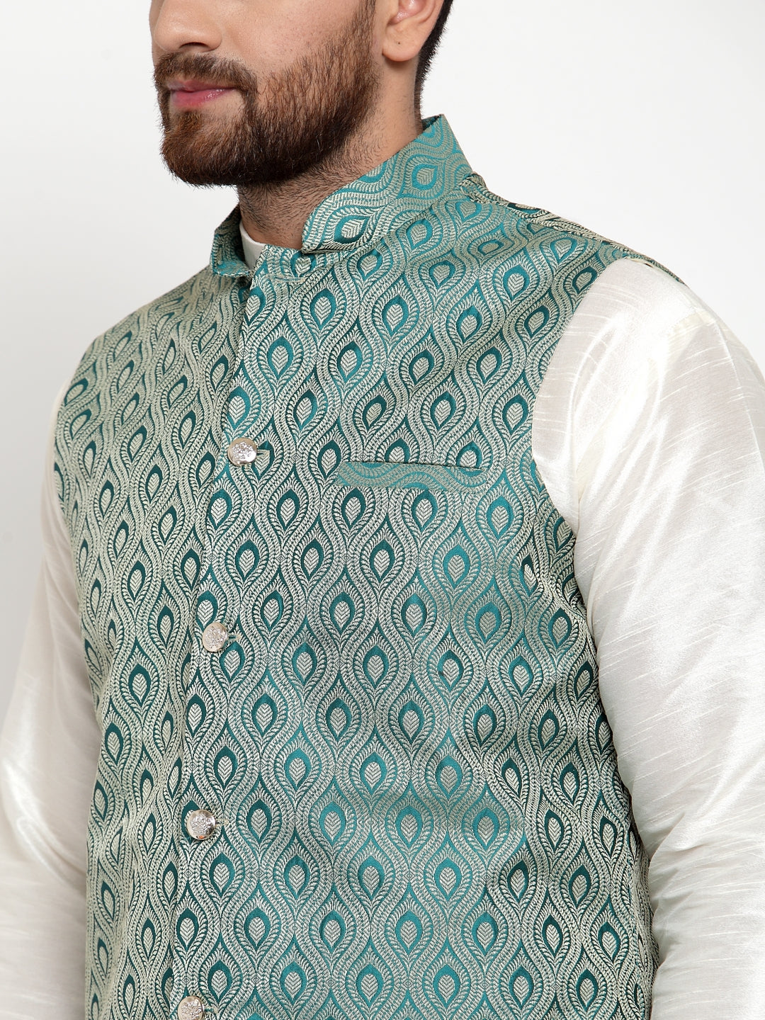 Jompers Men Green Woven Design Nehru Jacket