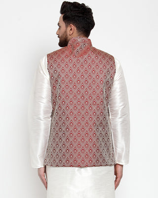 Jompers Men Maroon Woven Design Nehru Jacket