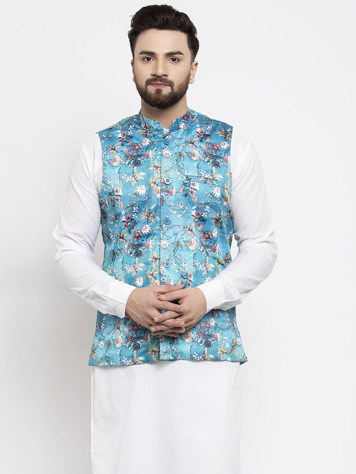 Amaal Sky Blue Chanderi Ensemble With Intricate Gota Nehru Jacket