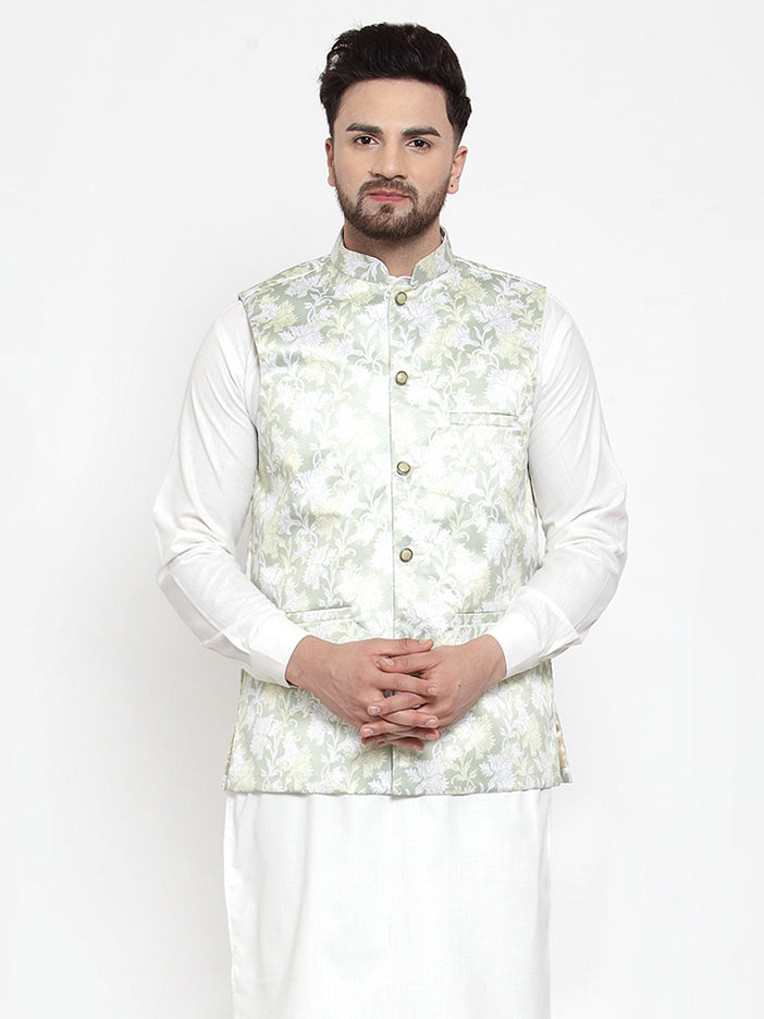 Jompers Men Lime-Green Printed Satin Nehru Jacket