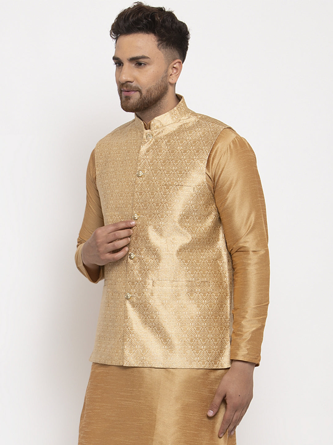 Jompers Men's Gold Woven Nehru Jacket