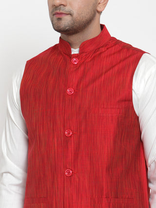 Jompers Men's Red Woven Design Nehru Jacket