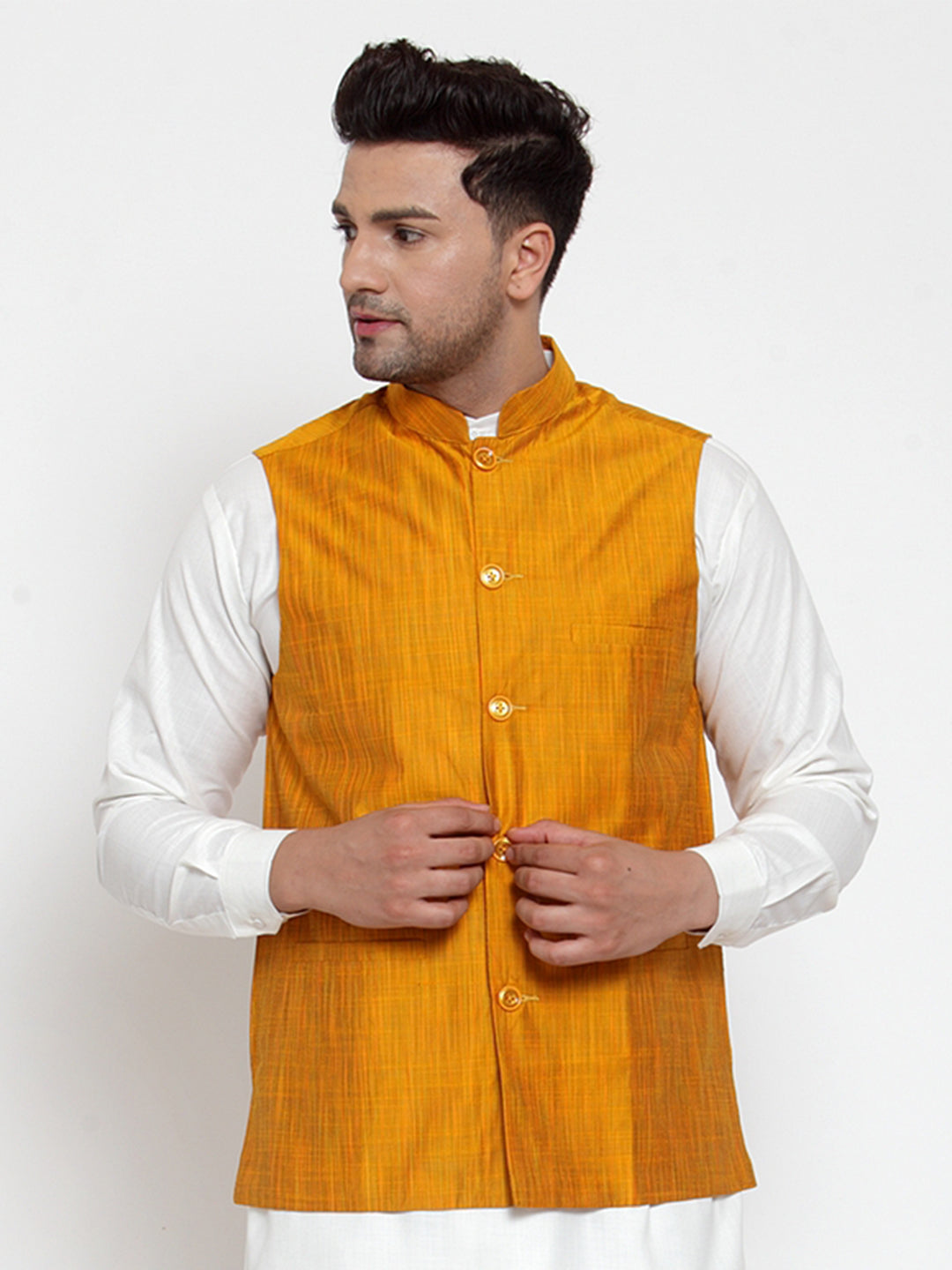 Jompers Men's Yellow Woven Design Nehru Jacket