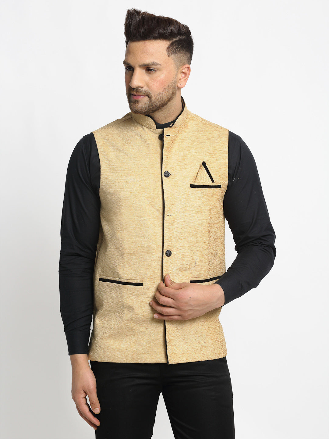 Jompers Men's Beige Solid Nehru Jacket with Square Pocket