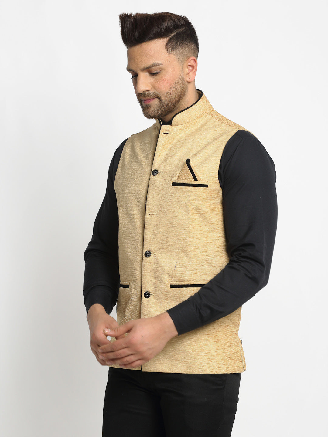 Jompers Men's Beige Solid Nehru Jacket with Square Pocket