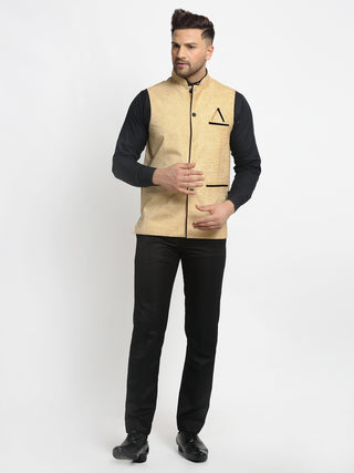 Jompers Men's Beige Solid Nehru Jacket with Square Pocket