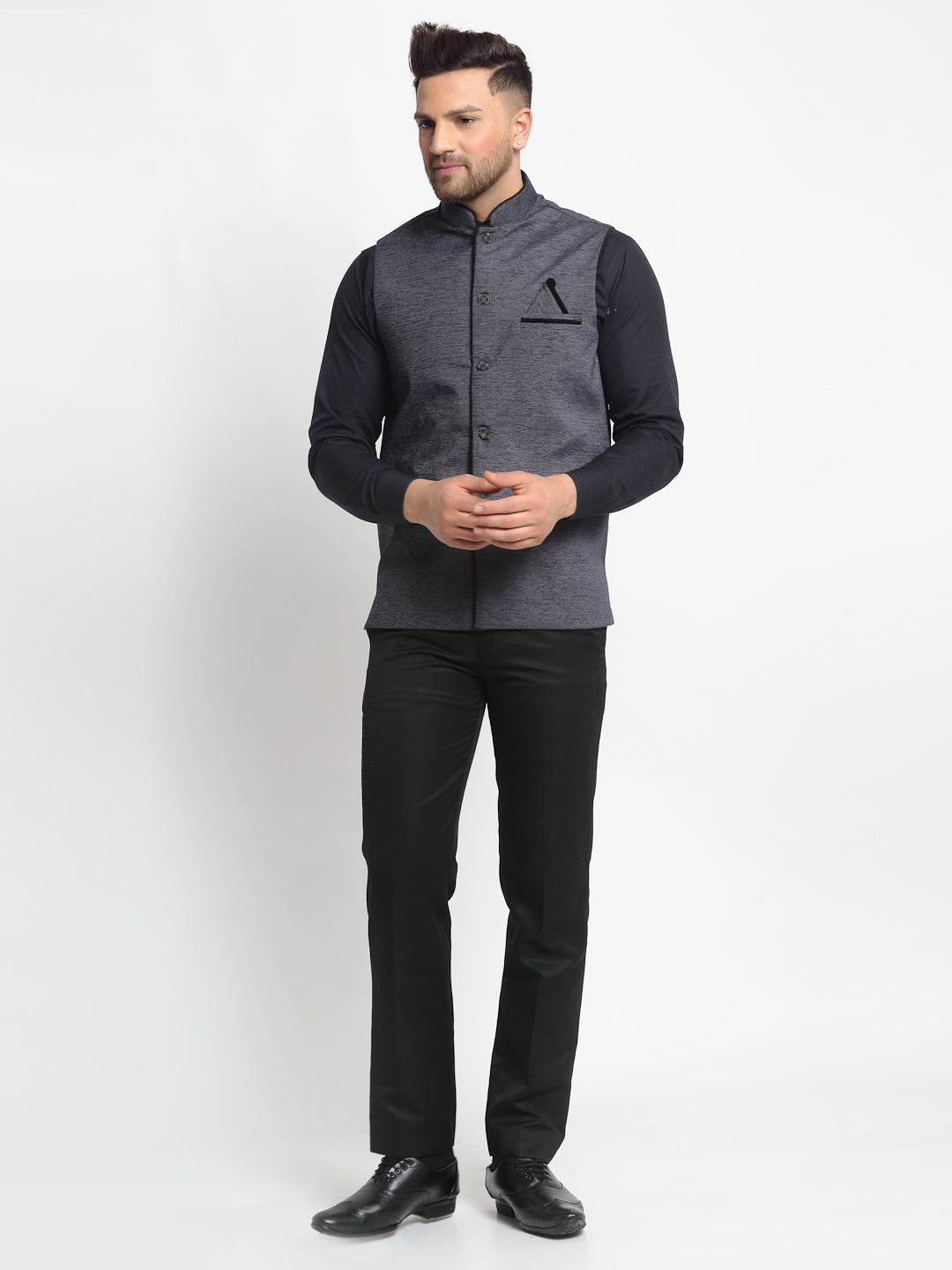 Jompers Men's Grey Solid Nehru Jacket with Square Pocket