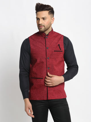 Jompers Men's Maroon Solid Nehru Jacket with Square Pocket