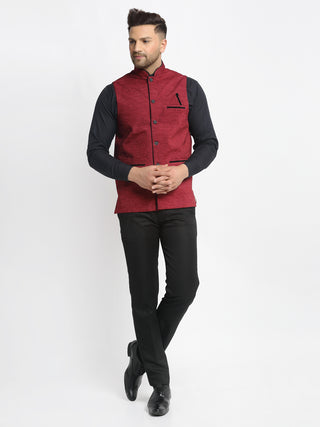 Jompers Men's Maroon Solid Nehru Jacket with Square Pocket