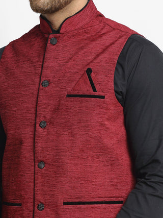 Jompers Men's Maroon Solid Nehru Jacket with Square Pocket