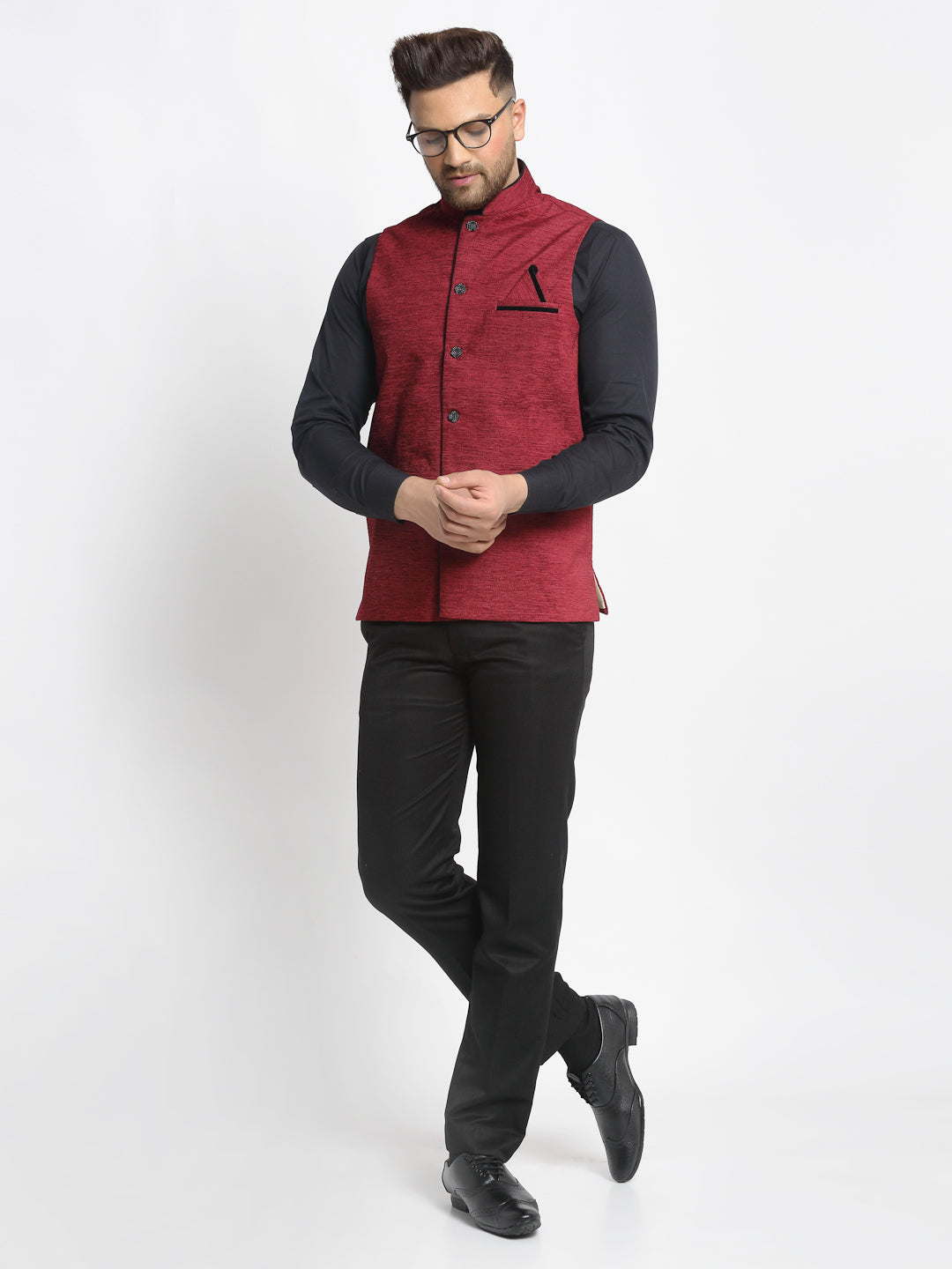 Jompers Men's Maroon Solid Nehru Jacket with Square Pocket