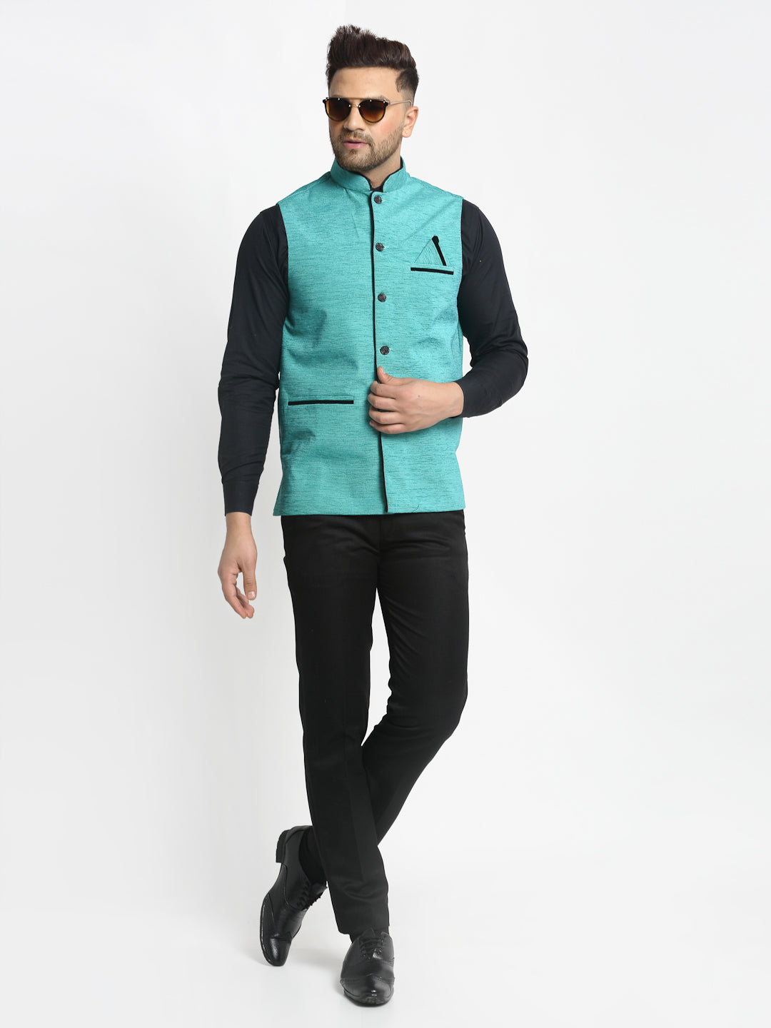 Jompers Men's Blue Solid Nehru Jacket with Square Pocket