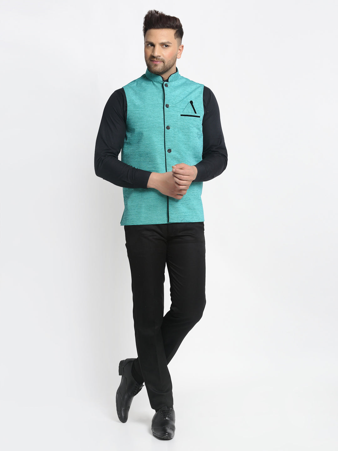 Jompers Men's Blue Solid Nehru Jacket with Square Pocket