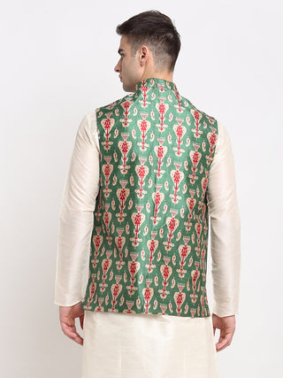 Jompers Men's Green Digital Printed Green Waistcoat