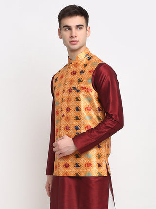 Jompers Men's Orange Digital Printed Orange Waistcoat